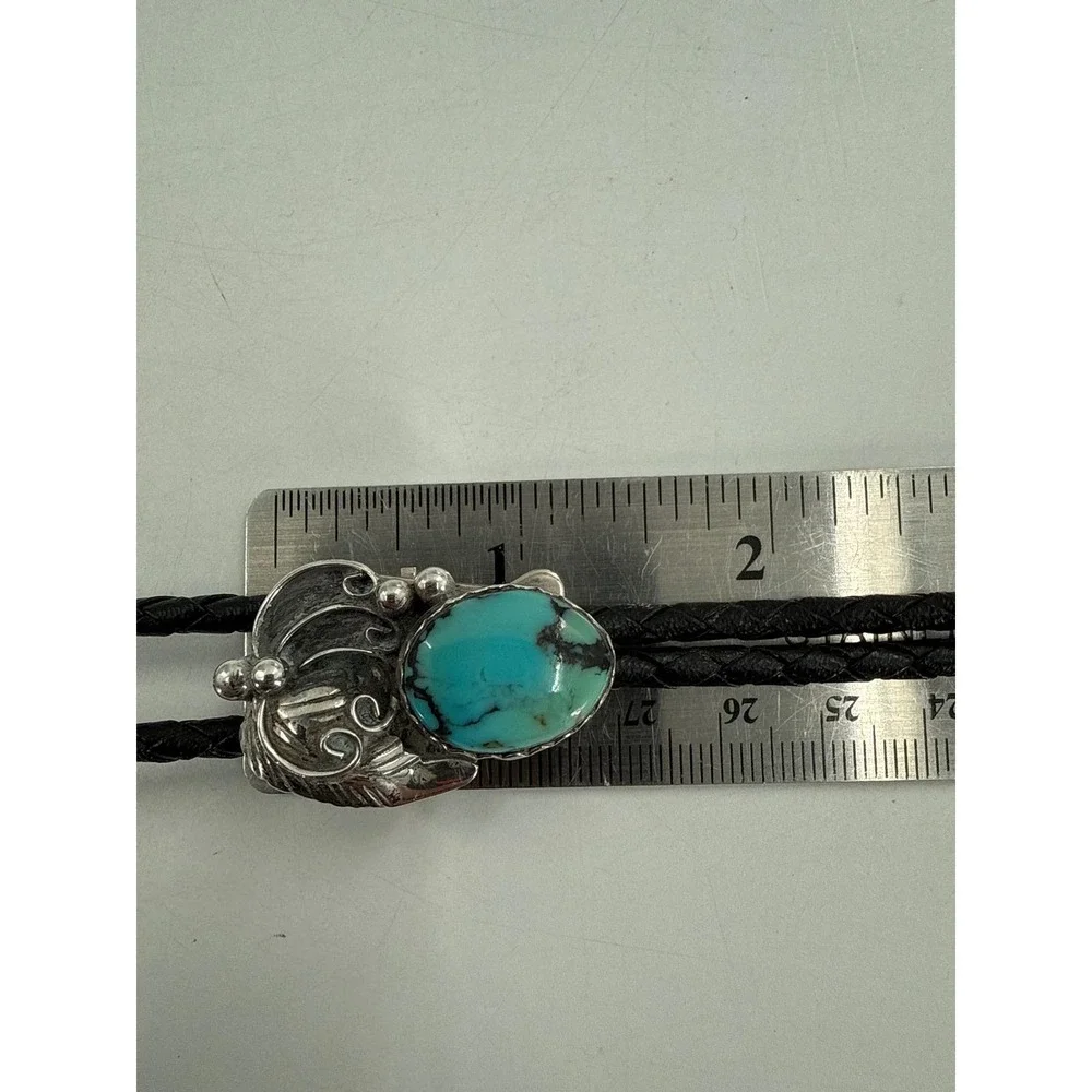 Navajo Signed Sterling Silver‎ Turquoise Bolo Tie Black Leather Cord Signed TG